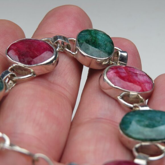 Emerald & Ruby Massive Bracelet Sterling Silver 7" & 8"